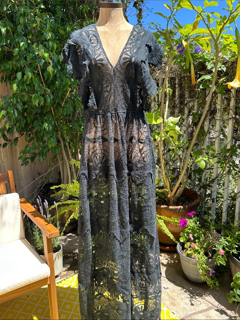 Nightcap Black Crochet Maxi Dress with Deep V